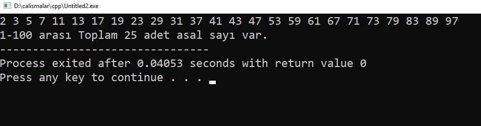 C++ ile 1-100 arası Asal Sayıları Bulan ve Adetini Gösteren Program – Web Tasarım & Programlama