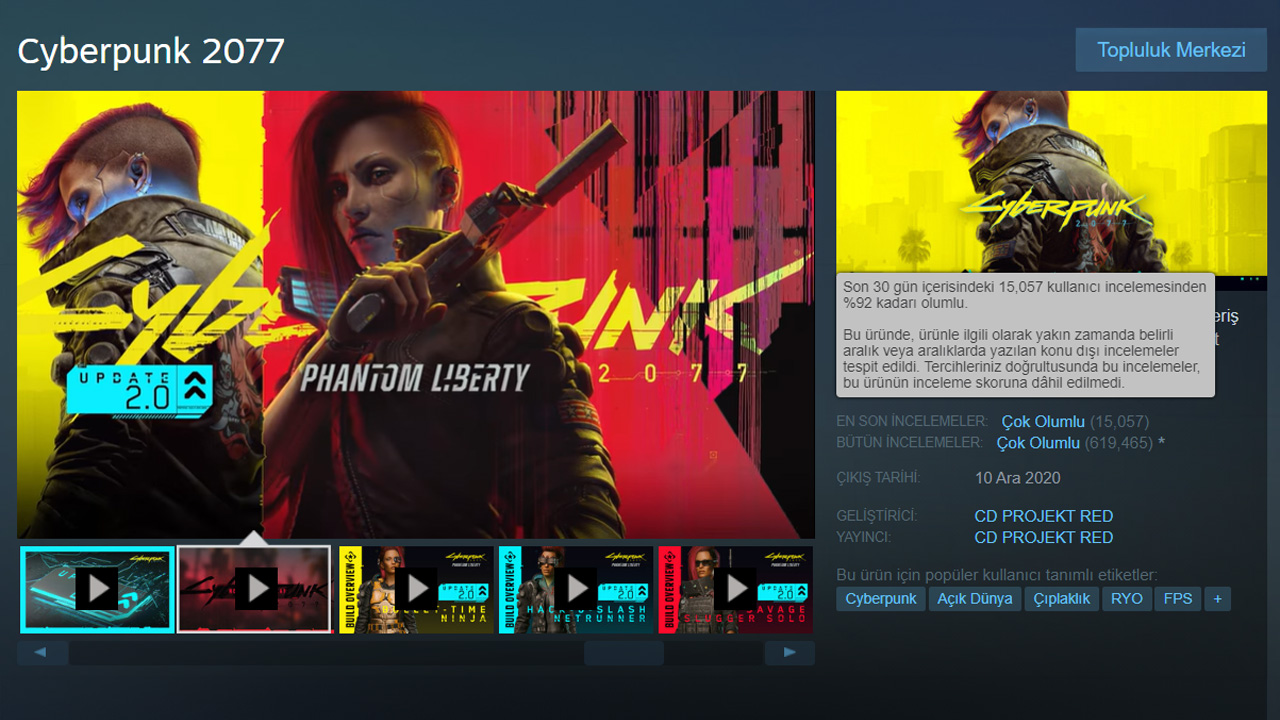 Steam Cyberpunk 2077 Çok olumlu