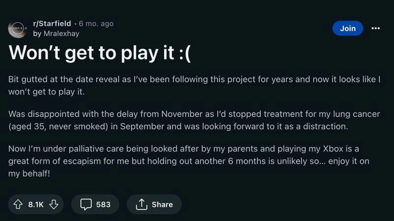 Starfield, reddit, kanser hastası oyuncu, mralexhay